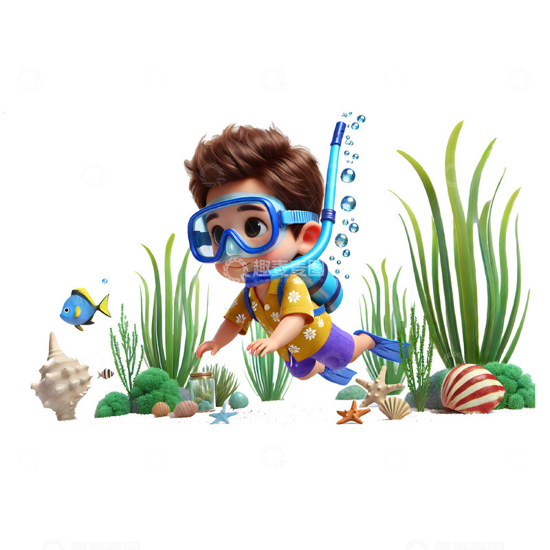 高清大图下载【趣麦麦图】潜水游泳卡通3D人物素材