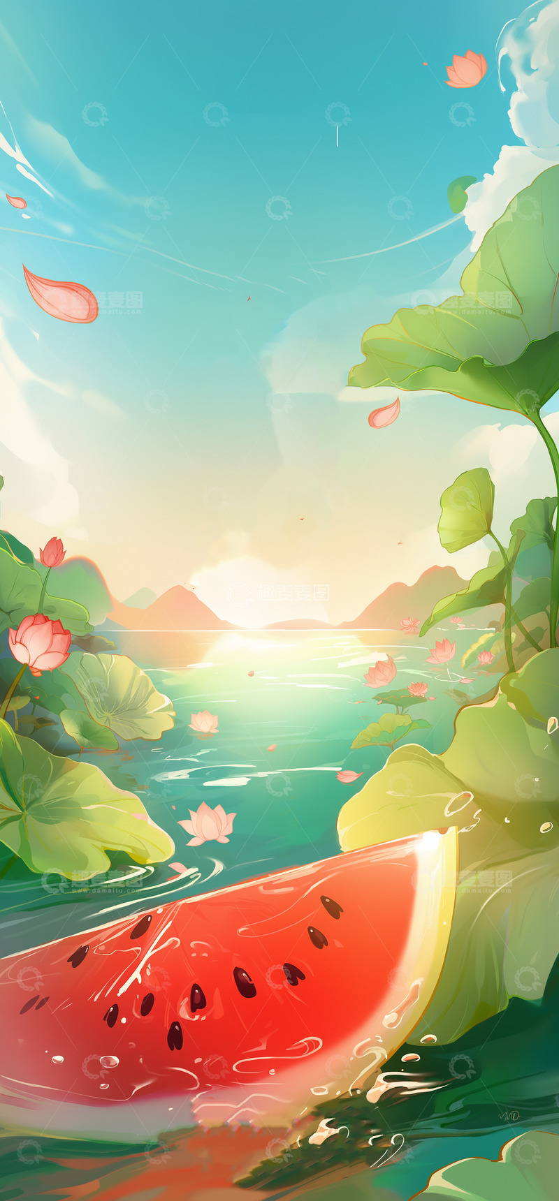 高清大图下载【趣麦麦图】夏至小暑西瓜插画背景图