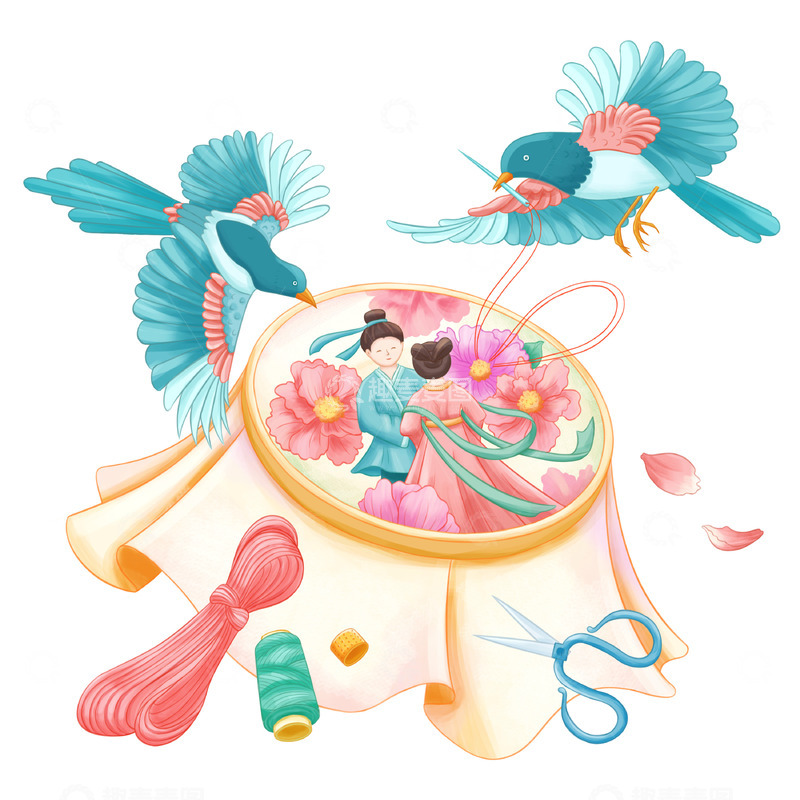 源文件下载【趣麦麦图】七夕情人节中国传统节日乞巧节喜鹊绣手帕