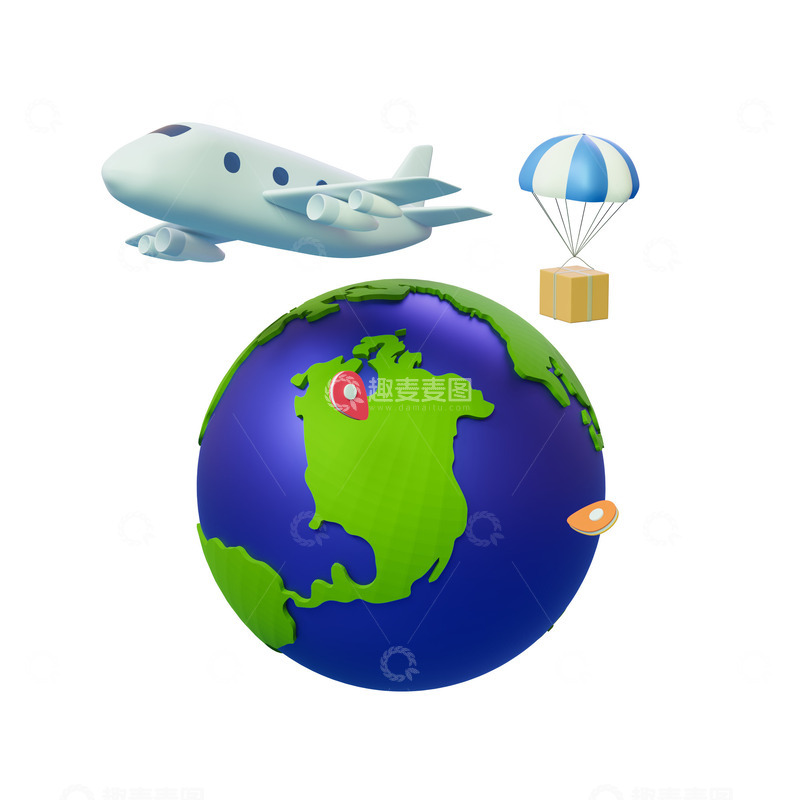 源文件下载【趣麦麦图】3D卡通全球飞机物流运输包裹
