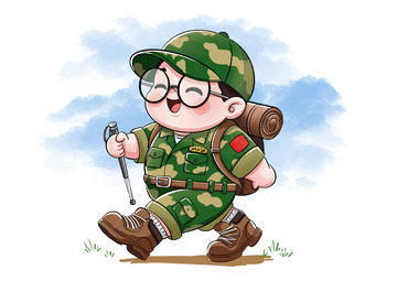 穿迷彩服徒步军训夏令营的小胖子