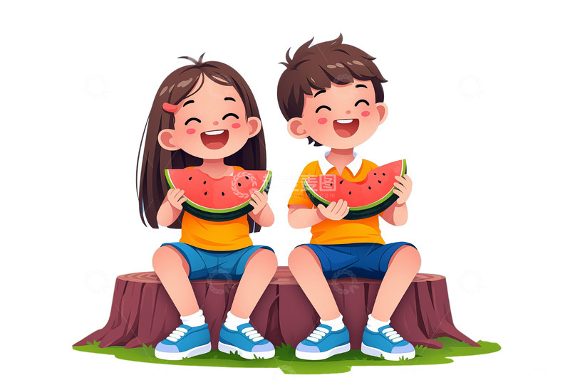 高清大图下载【趣麦麦图】立夏夏至小暑大暑儿童开心吃西瓜