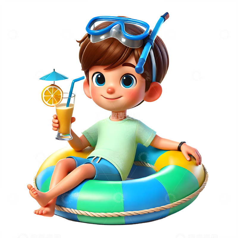 高清大图下载【趣麦麦图】坐在游泳圈上喝饮料的卡通男孩素材