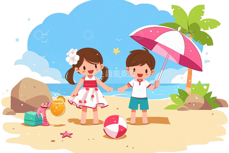 高清大图下载【趣麦麦图】立夏夏至小暑大暑海边玩耍的小孩