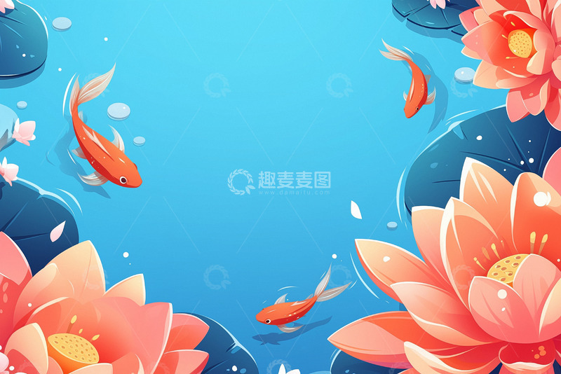 高清大图下载【趣麦麦图】立夏夏至小暑大暑背景鱼戏莲叶间