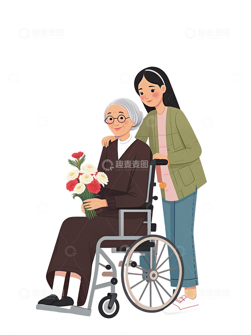 高清大图下载【趣麦麦图】扁平风 插画 小女孩 老人