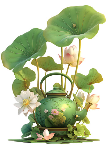 茶壶荷叶荷花与绿色茶壶