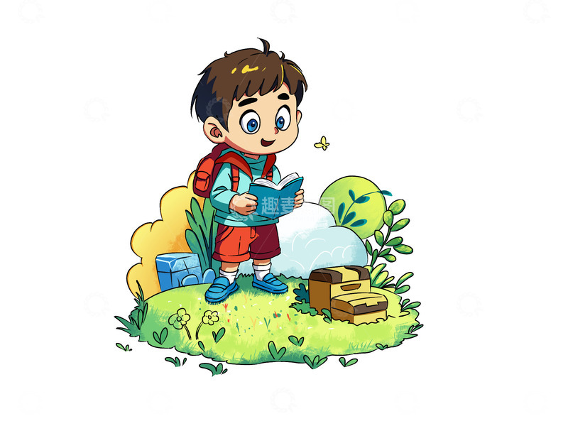 源文件下载【趣麦麦图】小朋友看书寻宝野外春游手绘插画