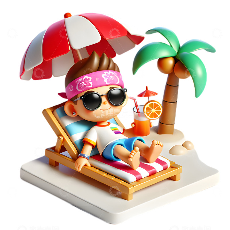 高清大图下载【趣麦麦图】手拿果汁晒太阳的卡通3D人物素材