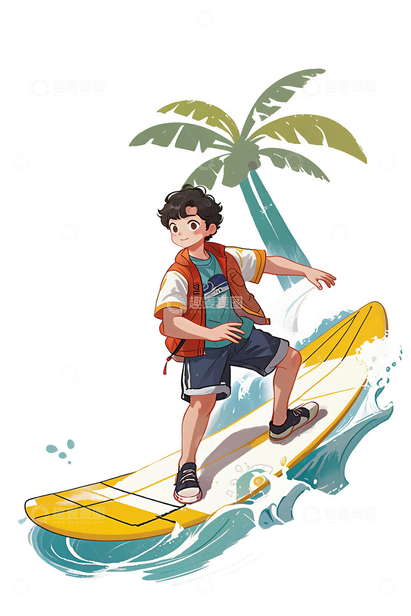 高清大图下载【趣麦麦图】夏至小暑大暑处暑暑假小男孩冲浪 扁平风 插画