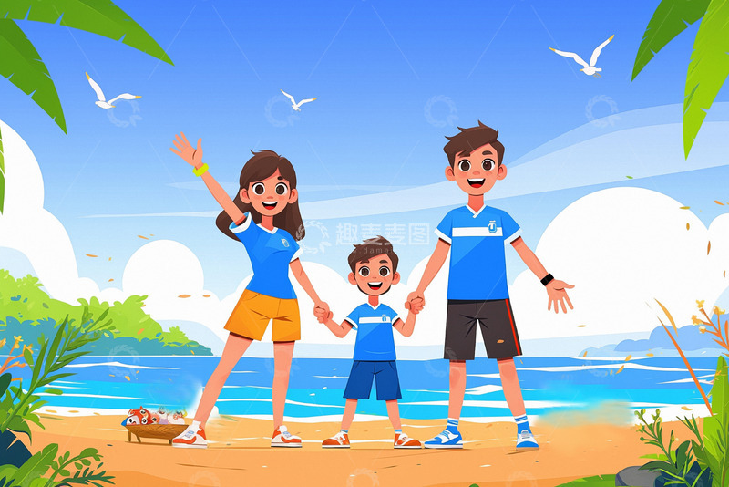高清大图下载【趣麦麦图】-夏至小暑大暑处暑暑假一家人旅游度假
