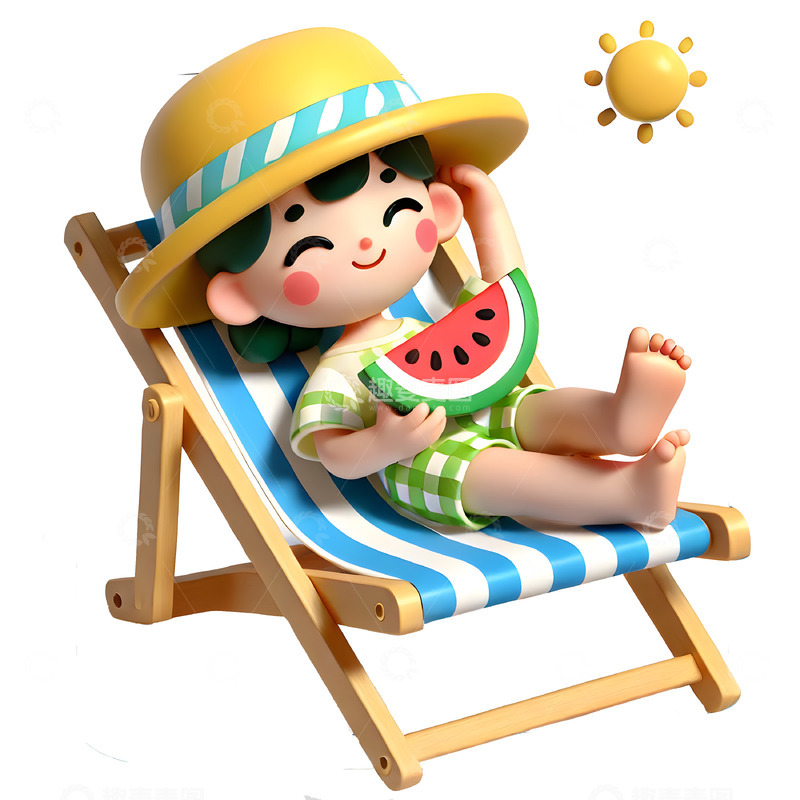高清大图下载【趣麦麦图】-夏日躺椅上乘凉的卡通3D女孩