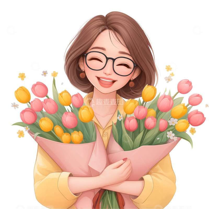 高清大图下载【趣麦麦图】教师节抱着花束的教师卡通人物素材