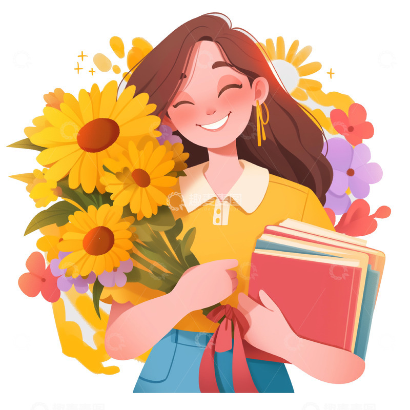 高清大图下载【趣麦麦图】教师节抱着鲜花的卡通插画人物