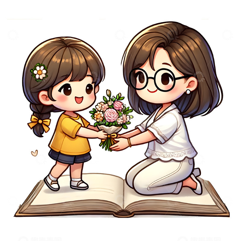 高清大图下载【趣麦麦图】学生给老师送花卡通插画素材