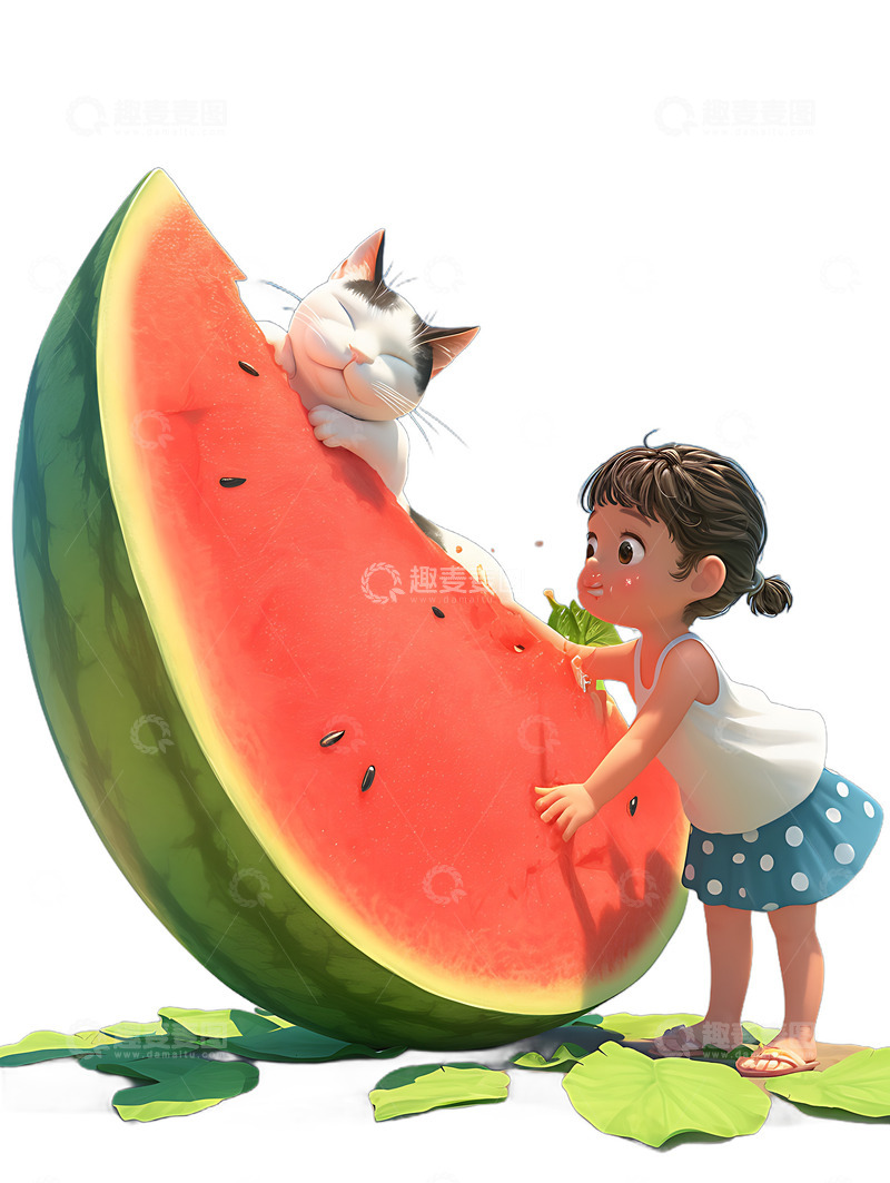 高清大图下载【趣麦麦图】小孩子吃西瓜卡通暑假消暑水果