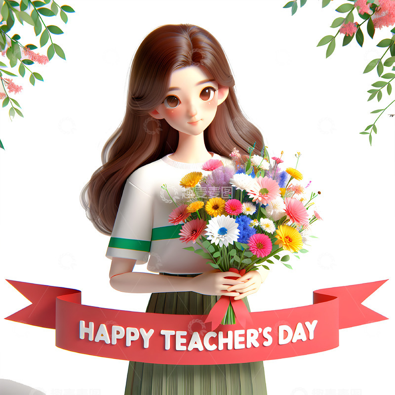 高清大图下载【趣麦麦图】女教师抱着一束鲜花卡通3D素材