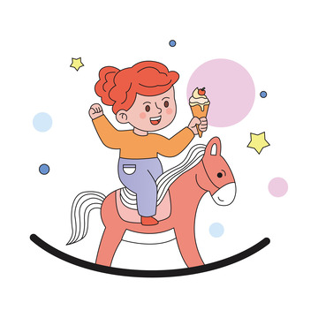 卡通线描坐着玩木马的小女孩