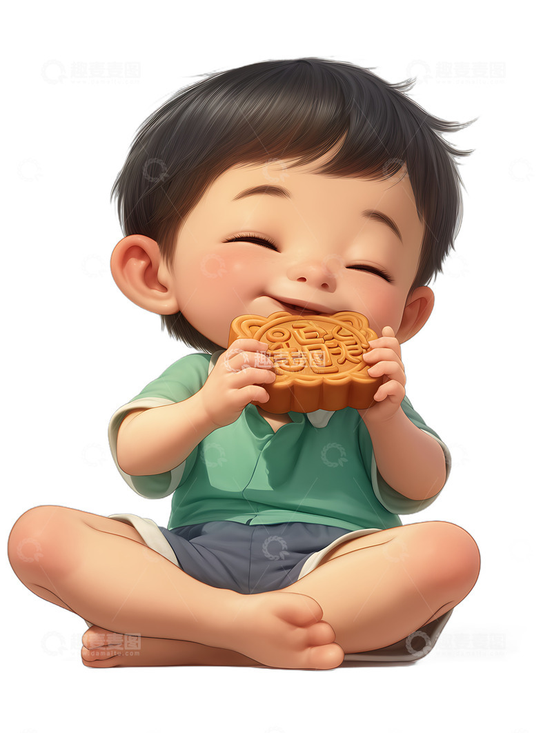 高清大图下载【趣麦麦图】小男孩吃月饼中秋节月饼卡通