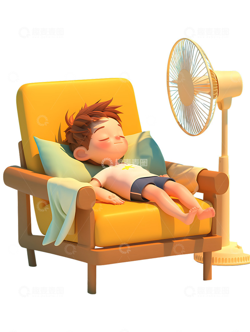 高清大图下载【趣麦麦图】-小男孩暑假躺在沙发上吹电风扇休息