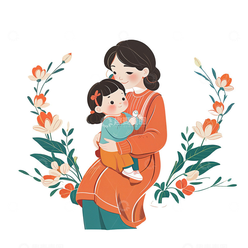 高清大图下载【趣麦麦图】扁平风 插画母亲节 女儿