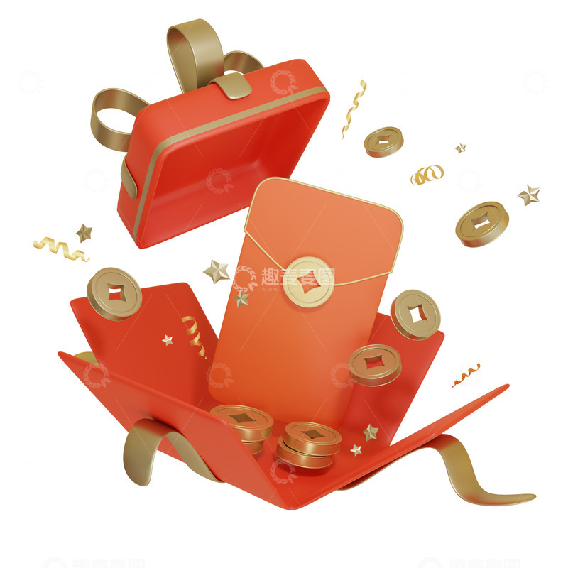 源文件下载【趣麦麦图】打开的礼盒中的红包3D促销元素