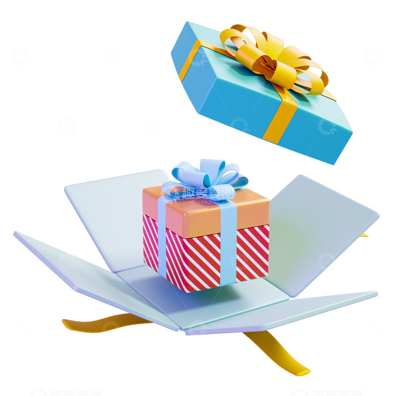 源文件下载【趣麦麦图】打开的包装盒里的礼物3D促销元素