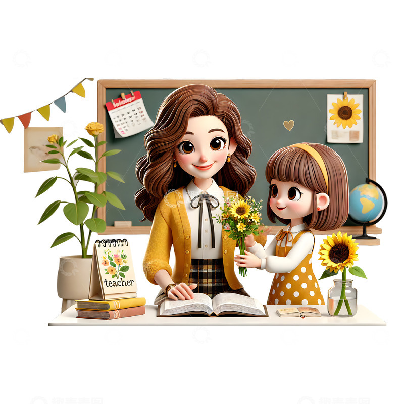 高清大图下载【趣麦麦图】教师节学生送花场景3D立体素材