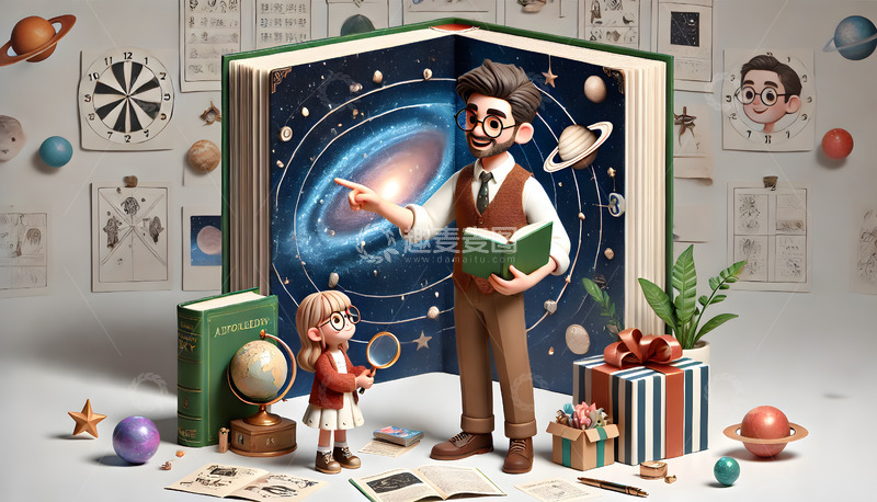 高清大图下载【趣麦麦图】教师讲课天文学卡通3D人物素材