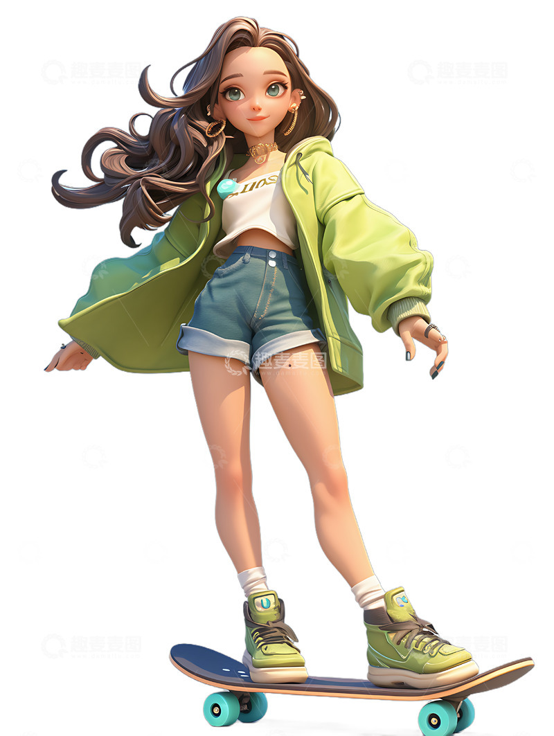 高清大图下载【趣麦麦图】滑板少女滑板运动卡通