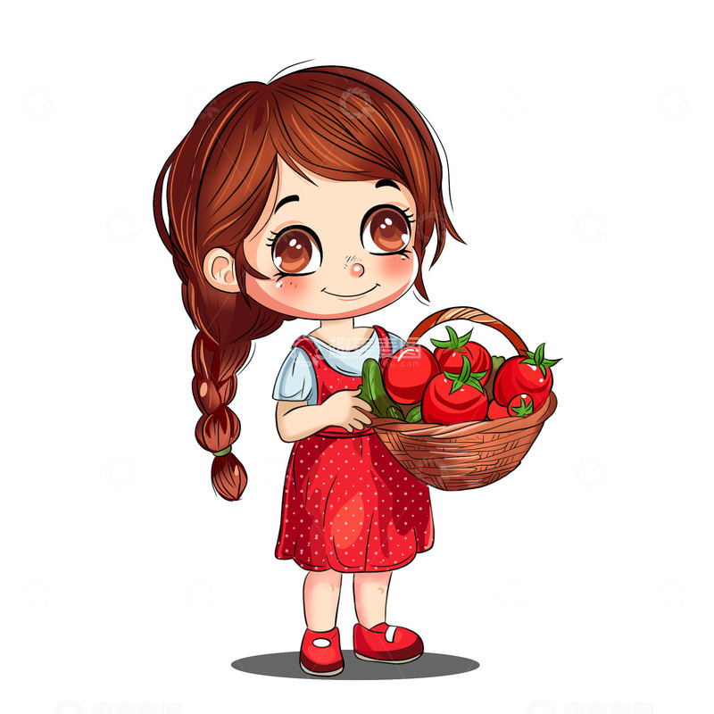 源文件下载【趣麦麦图】手绘女孩抱着番茄场景