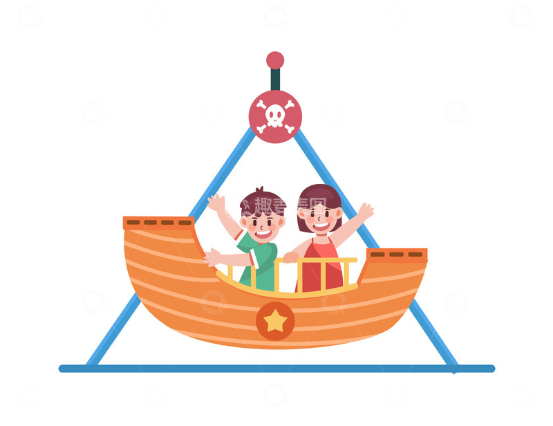 源文件下载【趣麦麦图】卡通简约玩海盗船的小孩们