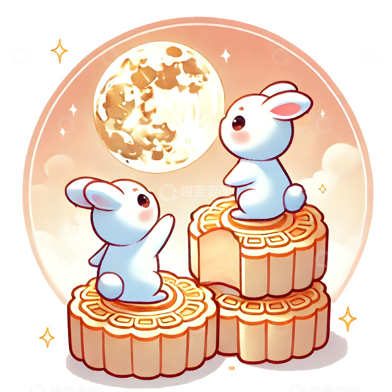 高清大图下载【趣麦麦图】中秋佳节玉兔赏月卡通插画风格素材