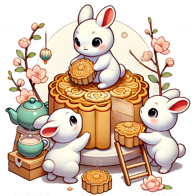 高清大图下载【趣麦麦图】超可爱玉免中秋月饼卡通素材