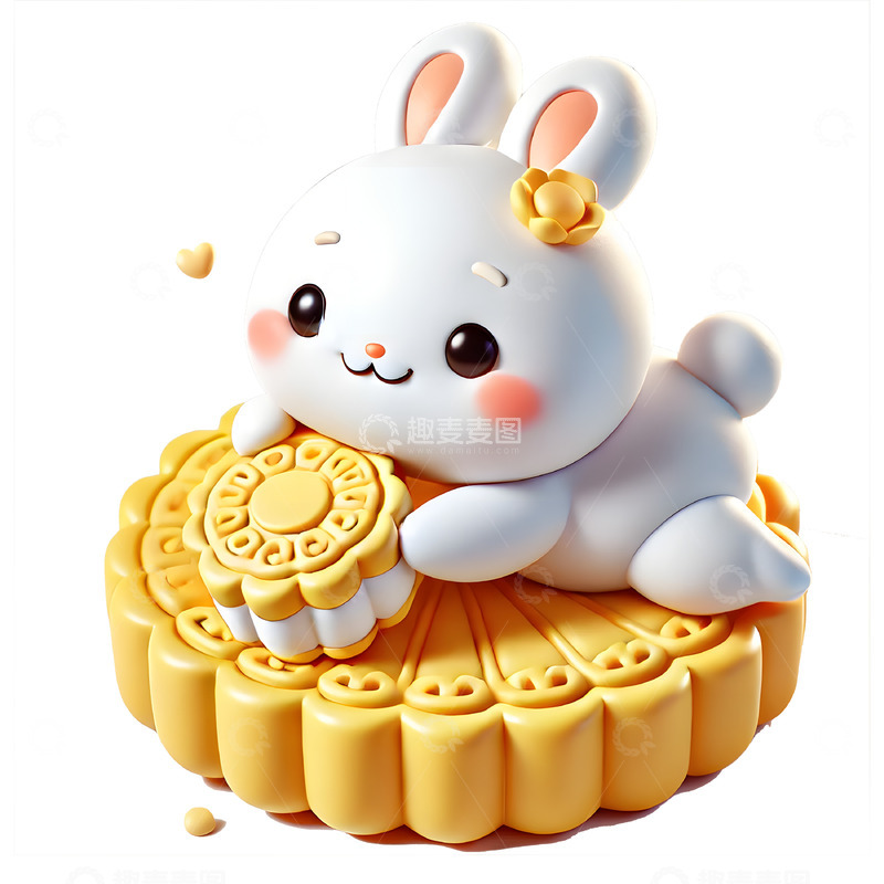 高清大图下载【趣麦麦图】趴在巨大月饼上的玉兔3D素材
