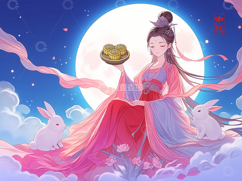 高清大图下载【趣麦麦图】中秋节嫦娥国风插画背景图