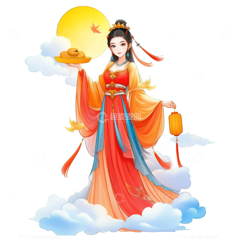 高清大图下载【趣麦麦图】嫦娥举着装满月饼的托盘卡通插画素材