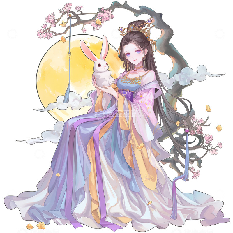 高清大图下载【趣麦麦图】中秋圆月嫦娥玉兔卡通插画素材