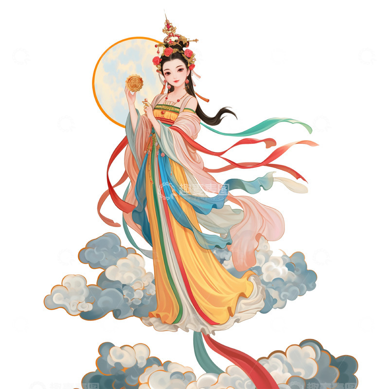 高清大图下载【趣麦麦图】手拿月饼的卡通插画风格嫦娥素材