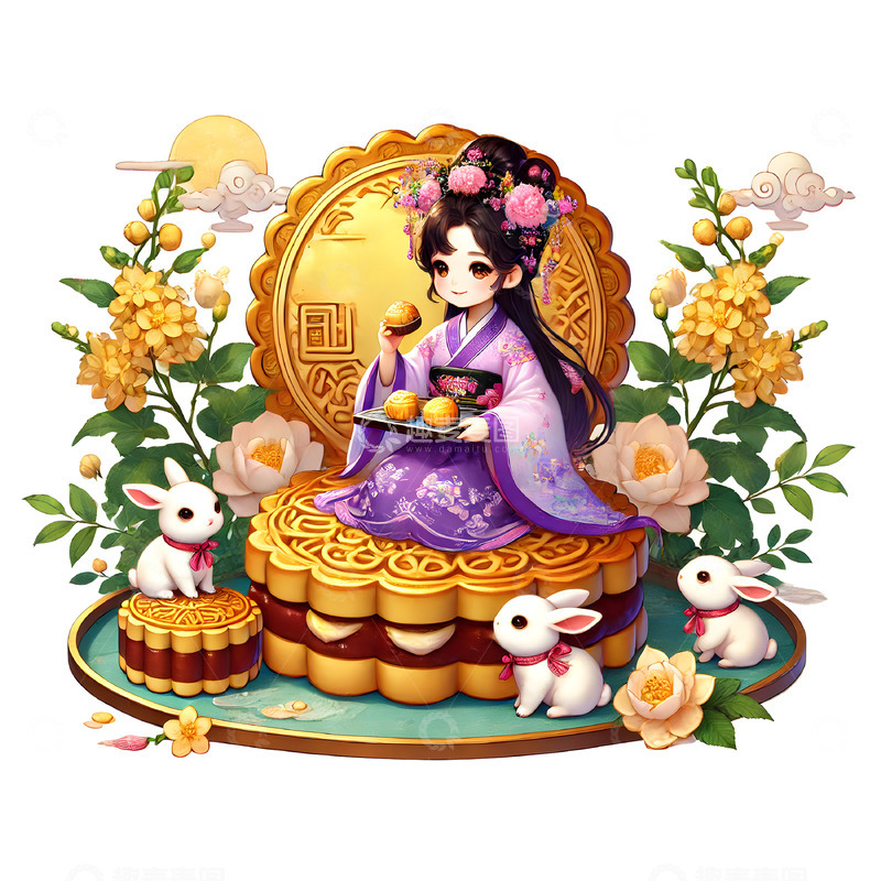 高清大图下载【趣麦麦图】中秋节嫦娥月饼卡通插画素材