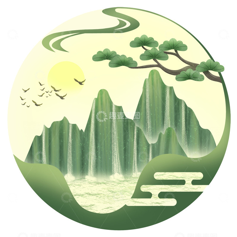 源文件下载【趣麦麦图】国潮古风山水图