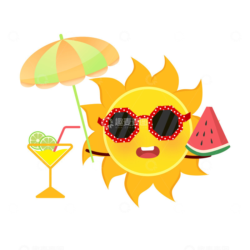 矢量夏季卡通拟人太阳手持太阳伞吃西瓜元素