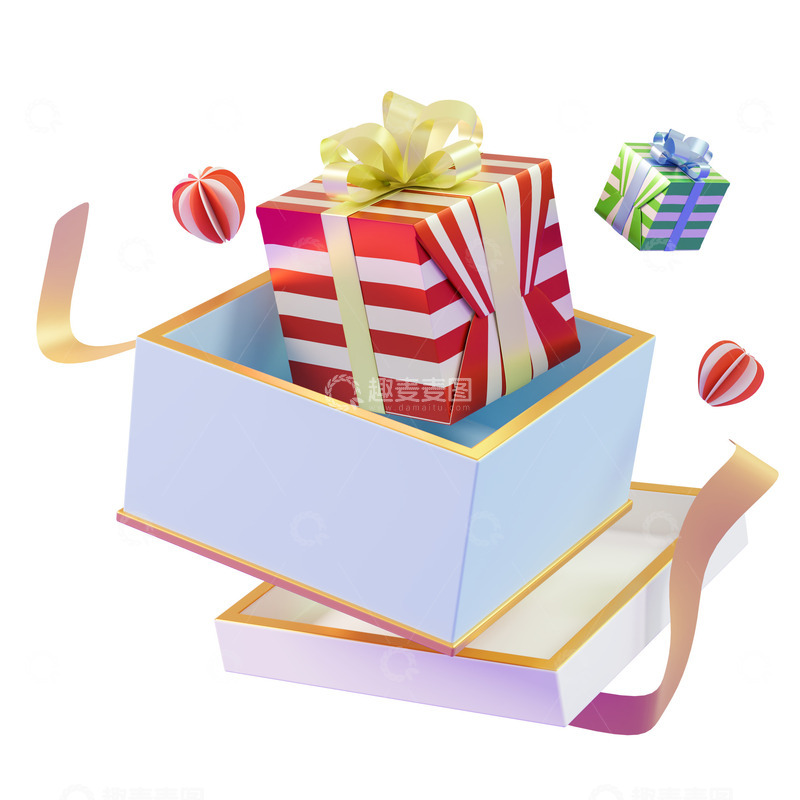 源文件下载【趣麦麦图】打开的盒子中的礼物3D礼盒元素