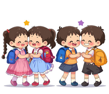 开学季卡通形象背书包的小孩