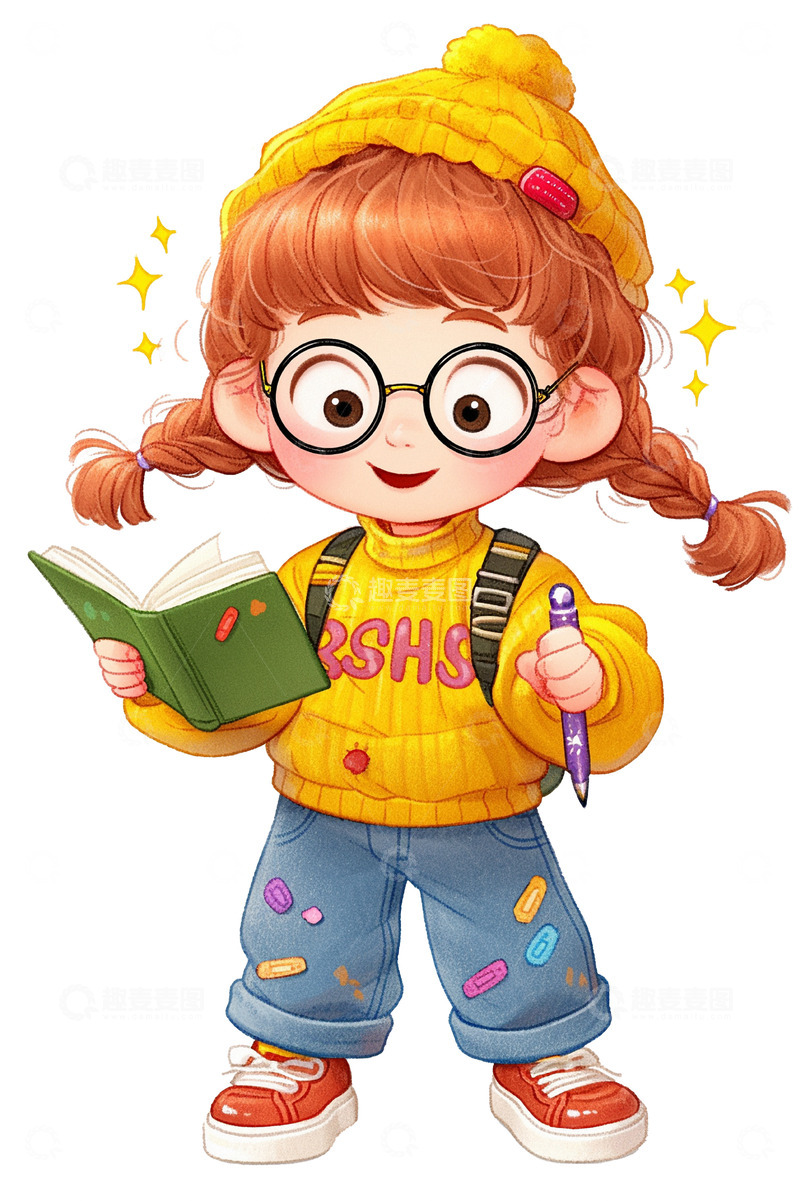 高清大图下载【趣麦麦图】开学季学生读书卡通人物