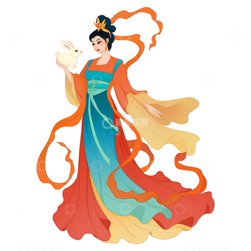 高清大图下载【趣麦麦图】国风插画嫦娥与玉兔素材