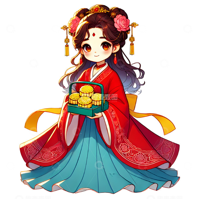 高清大图下载【趣麦麦图】端着月饼盒子的嫦娥卡通人物素材