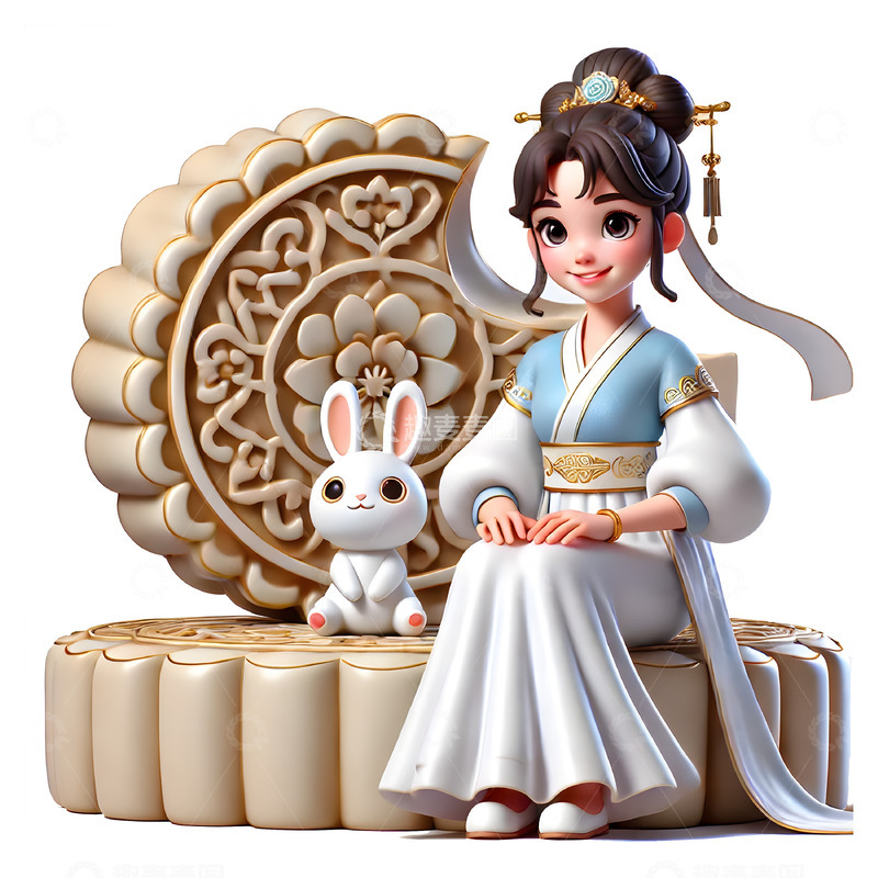 高清大图下载【趣麦麦图】中秋节坐在巨大月饼上的嫦娥卡通素材