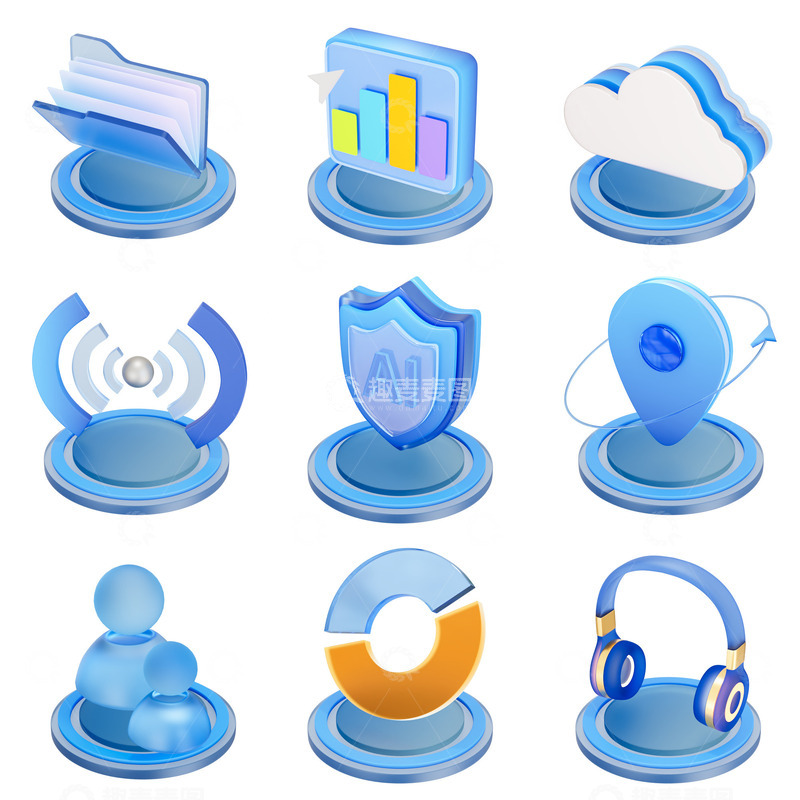 源文件下载【趣麦麦图】3D立体磨砂玻璃质感商务科技图标元素