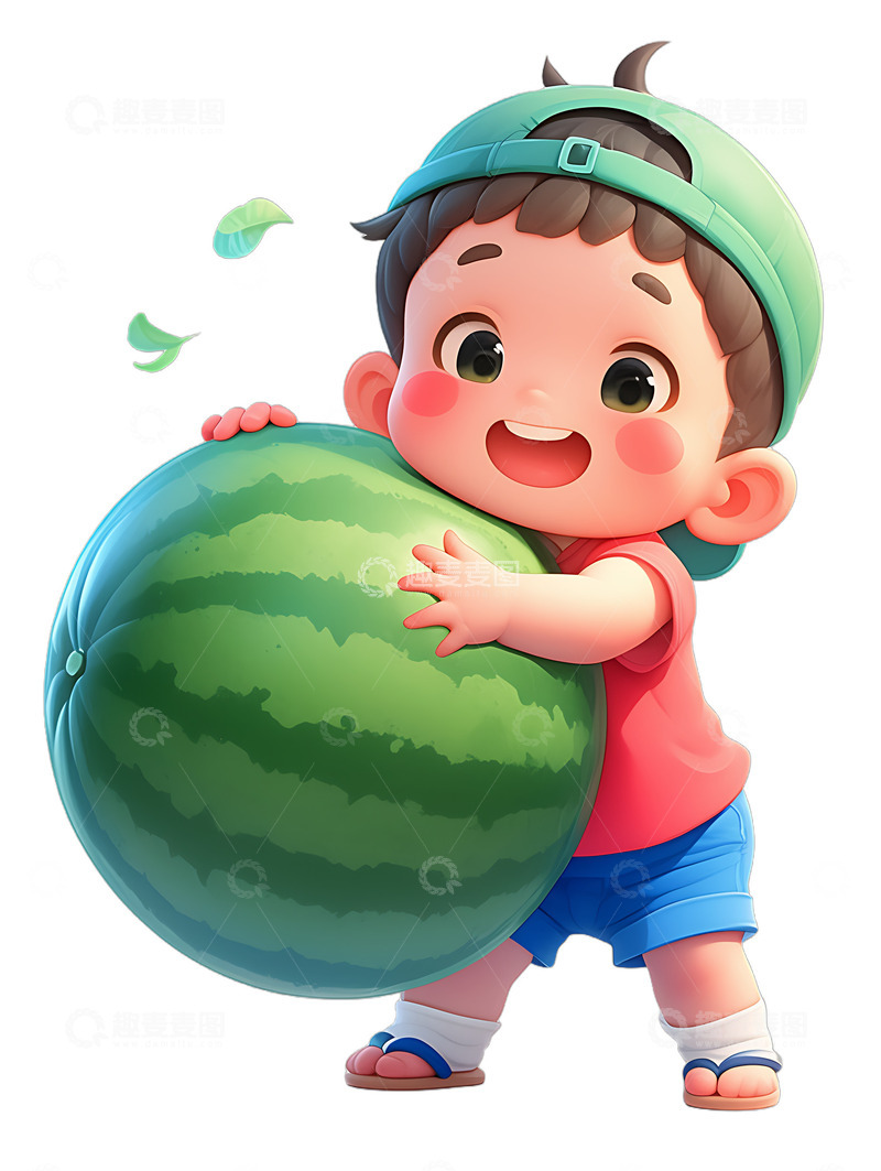 高清大图下载【趣麦麦图】小男孩抱着西瓜水果